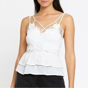 Moa Moa babydoll tank top spaghetti strap white lace/crochet ruffle Boho SZ MD